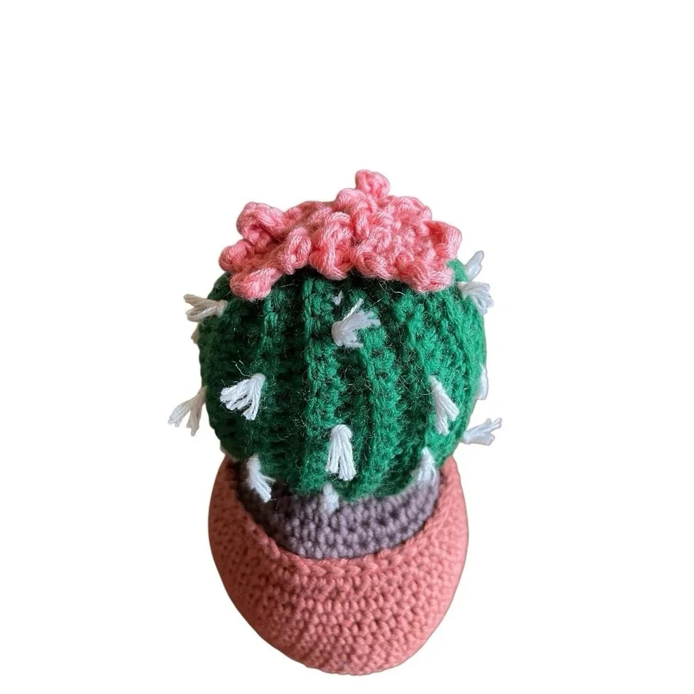 Handmade Crochet Ball Cactus with Pink Flowers Decorative Crocheted Plant Spikes